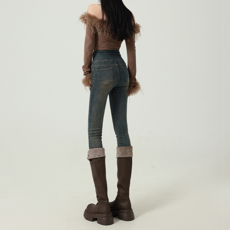 Magas derekú farmernadrág fleece-sel bélelve, rugalmas denim, ceruza szabású, hétköznapi stílus, 2024 ősz