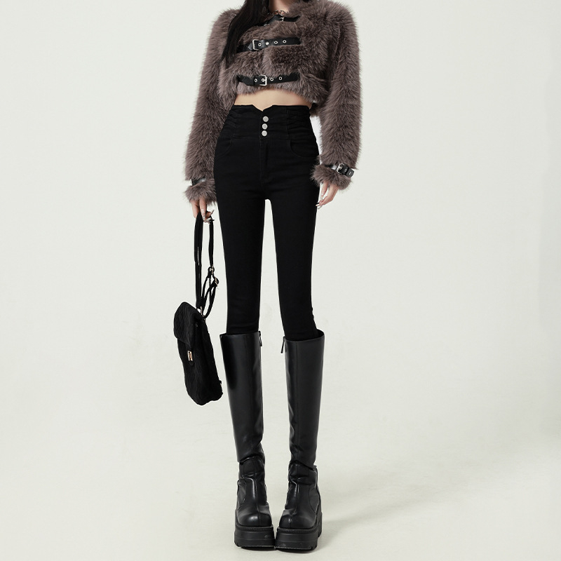 Magas derekú farmernadrág fleece-sel bélelve, rugalmas denim, ceruza szabású, hétköznapi stílus, 2024 ősz