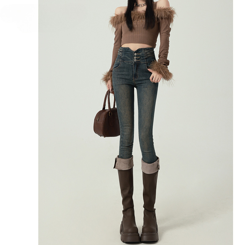 Magas derekú farmernadrág fleece-sel bélelve, rugalmas denim, ceruza szabású, hétköznapi stílus, 2024 ősz