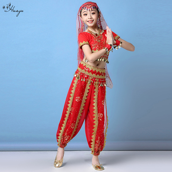 Gyerekeknek szóló indiai etnikus hastánc jelmez koronával és nadrággal — 120d chiffon + mintás háló; fő anyag: nailon; hastáncra; 17 év alatti gyermekeknek.