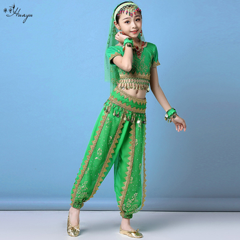 Gyerekeknek szóló indiai etnikus hastánc jelmez koronával és nadrággal — 120d chiffon + mintás háló; fő anyag: nailon; hastáncra; 17 év alatti gyermekeknek.