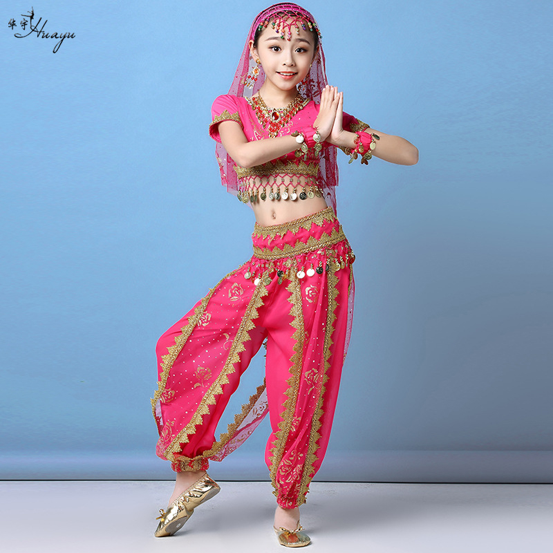 Gyerekeknek szóló indiai etnikus hastánc jelmez koronával és nadrággal — 120d chiffon + mintás háló; fő anyag: nailon; hastáncra; 17 év alatti gyermekeknek.