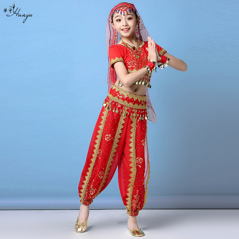 Gyerekeknek szóló indiai etnikus hastánc jelmez koronával és nadrággal — 120d chiffon + mintás háló; fő anyag: nailon; hastáncra; 17 év alatti gyermekeknek.