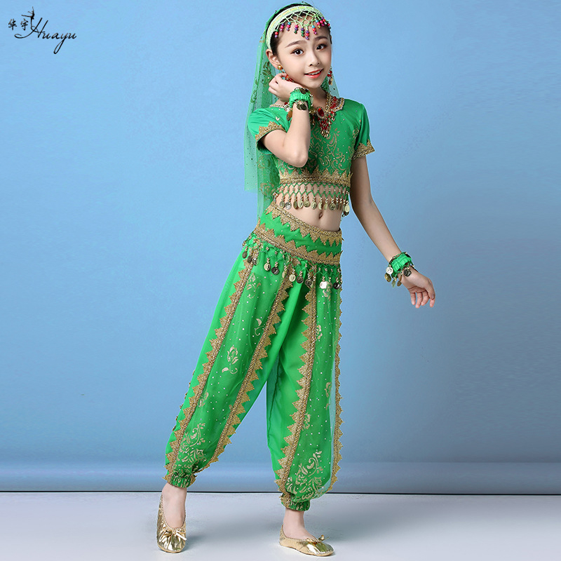 Gyerekeknek szóló indiai etnikus hastánc jelmez koronával és nadrággal — 120d chiffon + mintás háló; fő anyag: nailon; hastáncra; 17 év alatti gyermekeknek.