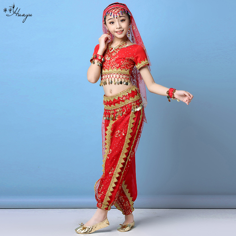 Gyerekeknek szóló indiai etnikus hastánc jelmez koronával és nadrággal — 120d chiffon + mintás háló; fő anyag: nailon; hastáncra; 17 év alatti gyermekeknek.