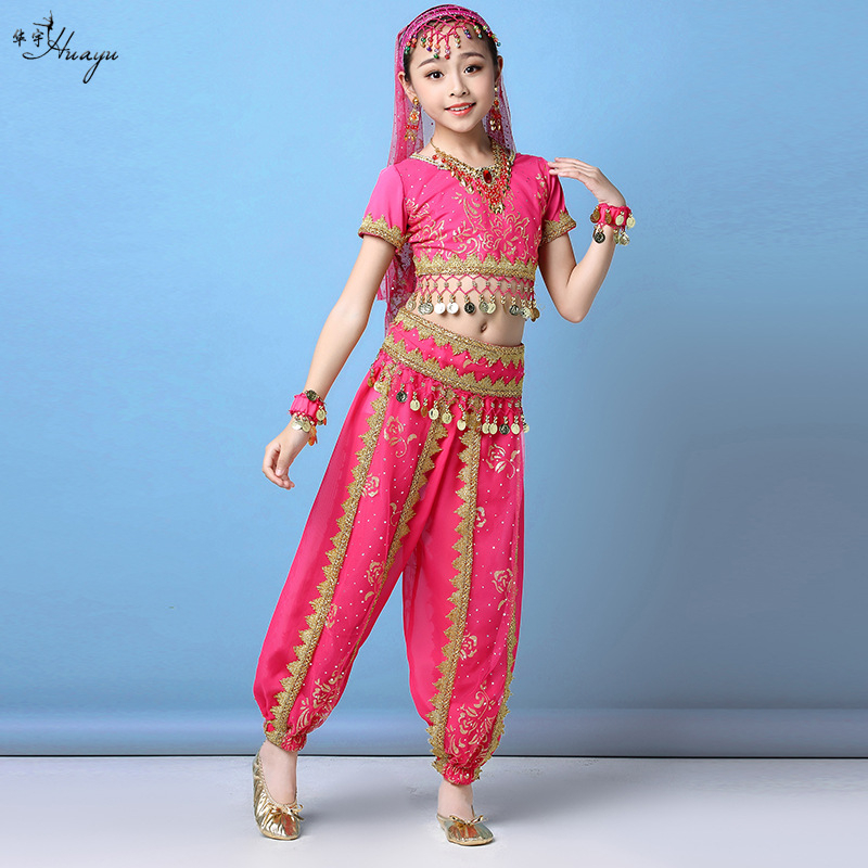 Gyerekeknek szóló indiai etnikus hastánc jelmez koronával és nadrággal — 120d chiffon + mintás háló; fő anyag: nailon; hastáncra; 17 év alatti gyermekeknek.
