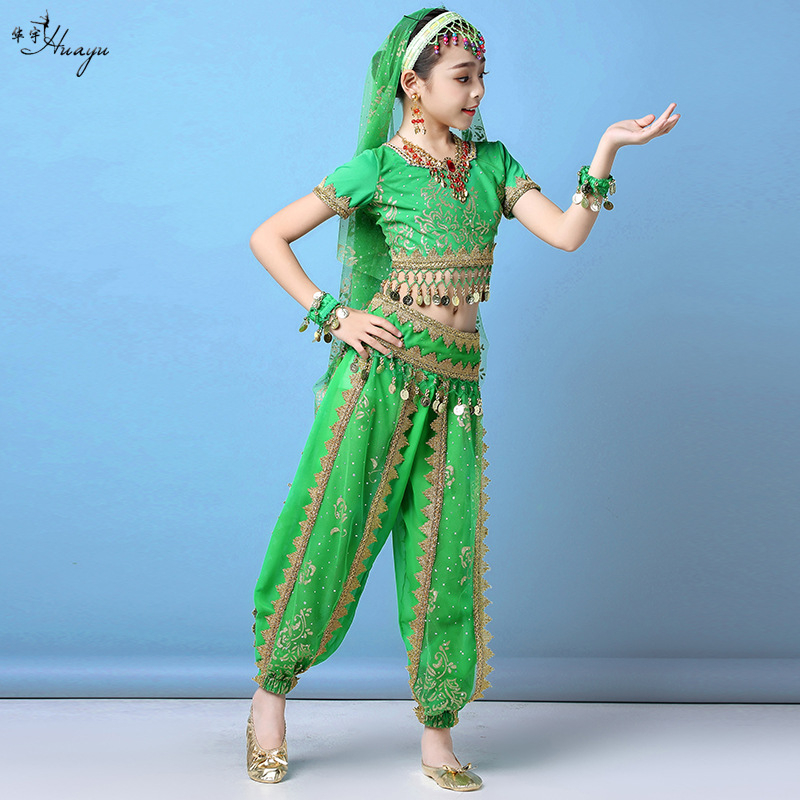 Gyerekeknek szóló indiai etnikus hastánc jelmez koronával és nadrággal — 120d chiffon + mintás háló; fő anyag: nailon; hastáncra; 17 év alatti gyermekeknek.