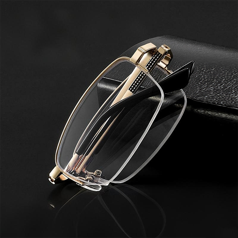 Olvasó szemüveg, összecsukható, hordozható HD kristály lencsékkel, félkeretes keret, ötvözet keret, négyzetes stílus, myopia-kompatibilis, 2025 ősz