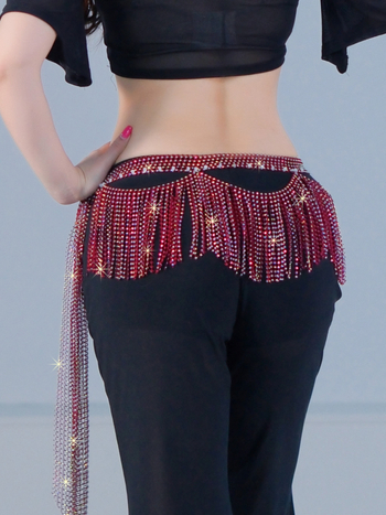 Deluxe hastán csípőkendő hullámos bojtokkal és kristályos díszítéssel, 100% poliészter, keverék kémiai rostok, egyszínű mintázat, táncruházat