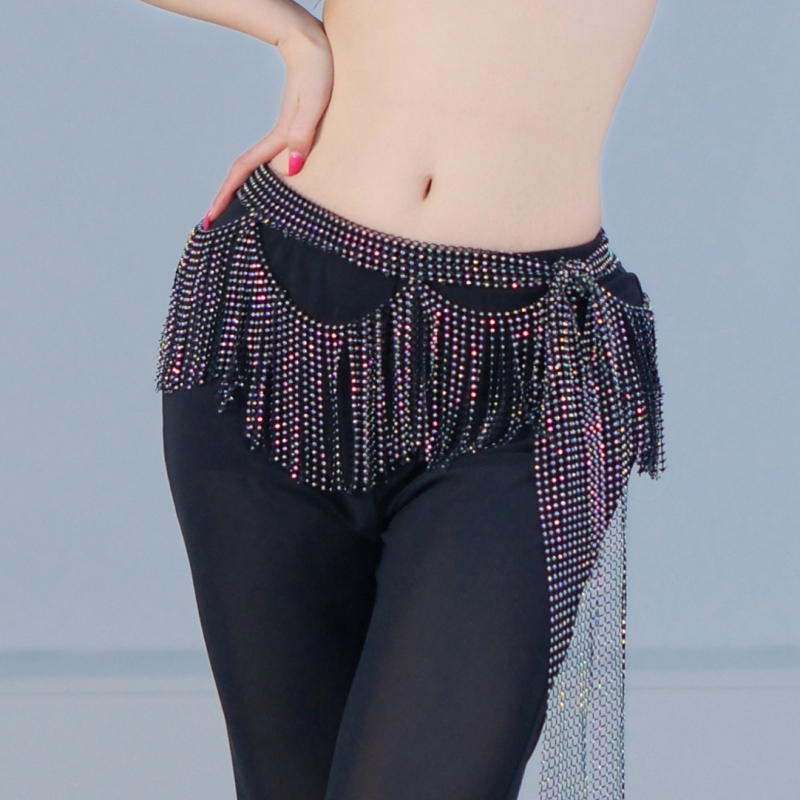 Deluxe hastán csípőkendő hullámos bojtokkal és kristályos díszítéssel, 100% poliészter, keverék kémiai rostok, egyszínű mintázat, táncruházat