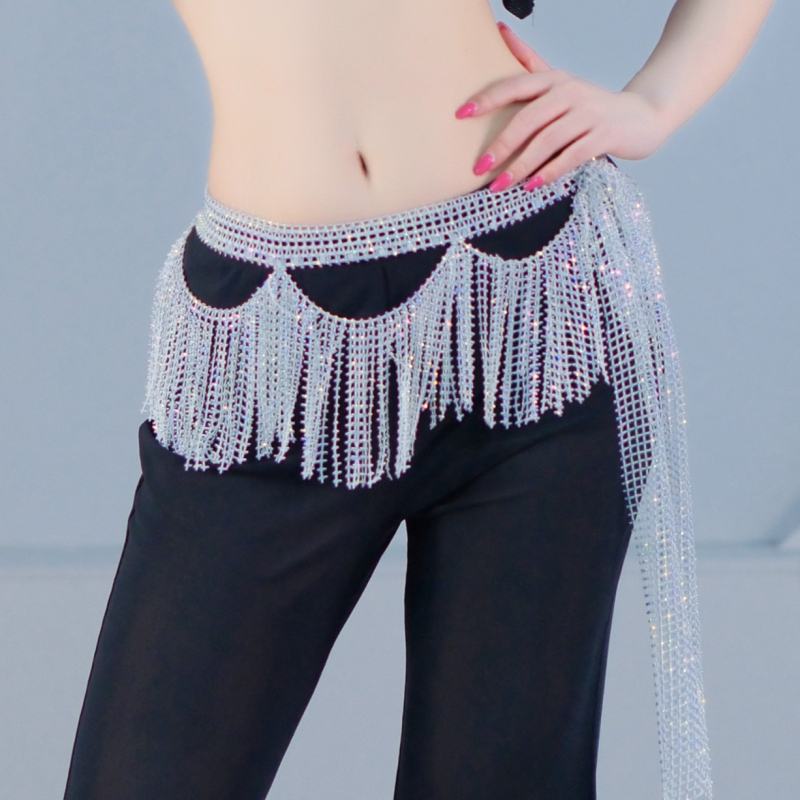 Deluxe hastán csípőkendő hullámos bojtokkal és kristályos díszítéssel, 100% poliészter, keverék kémiai rostok, egyszínű mintázat, táncruházat