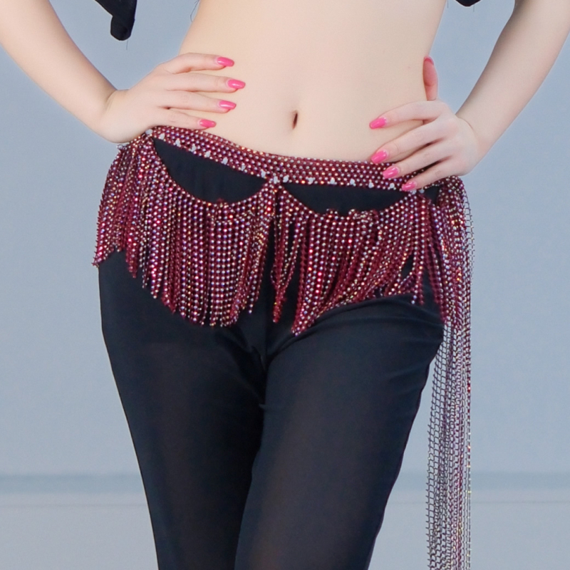 Deluxe hastán csípőkendő hullámos bojtokkal és kristályos díszítéssel, 100% poliészter, keverék kémiai rostok, egyszínű mintázat, táncruházat