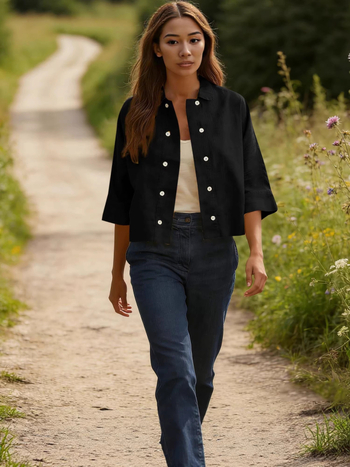 Két soros gombos ing, rövid ujjú, pamut-len keverék spandex-szel, laza szabású