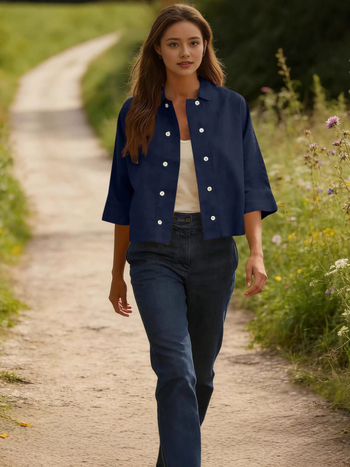 Két soros gombos ing, rövid ujjú, pamut-len keverék spandex-szel, laza szabású