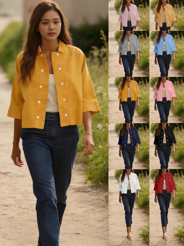 Két soros gombos ing, rövid ujjú, pamut-len keverék spandex-szel, laza szabású