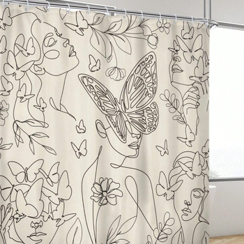 Zuhanyfüggöny absztrakt vonalas arccal és pillangóval - digitális nyomtatás, vízálló poliészter, testreszabható minták, testreszabás elérhető, modern minimalista stílus