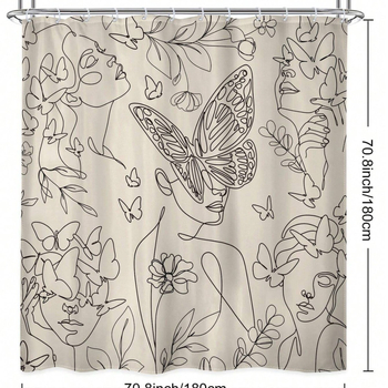 Zuhanyfüggöny absztrakt vonalas arccal és pillangóval - digitális nyomtatás, vízálló poliészter, testreszabható minták, testreszabás elérhető, modern minimalista stílus