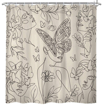 Zuhanyfüggöny absztrakt vonalas arccal és pillangóval - digitális nyomtatás, vízálló poliészter, testreszabható minták, testreszabás elérhető, modern minimalista stílus