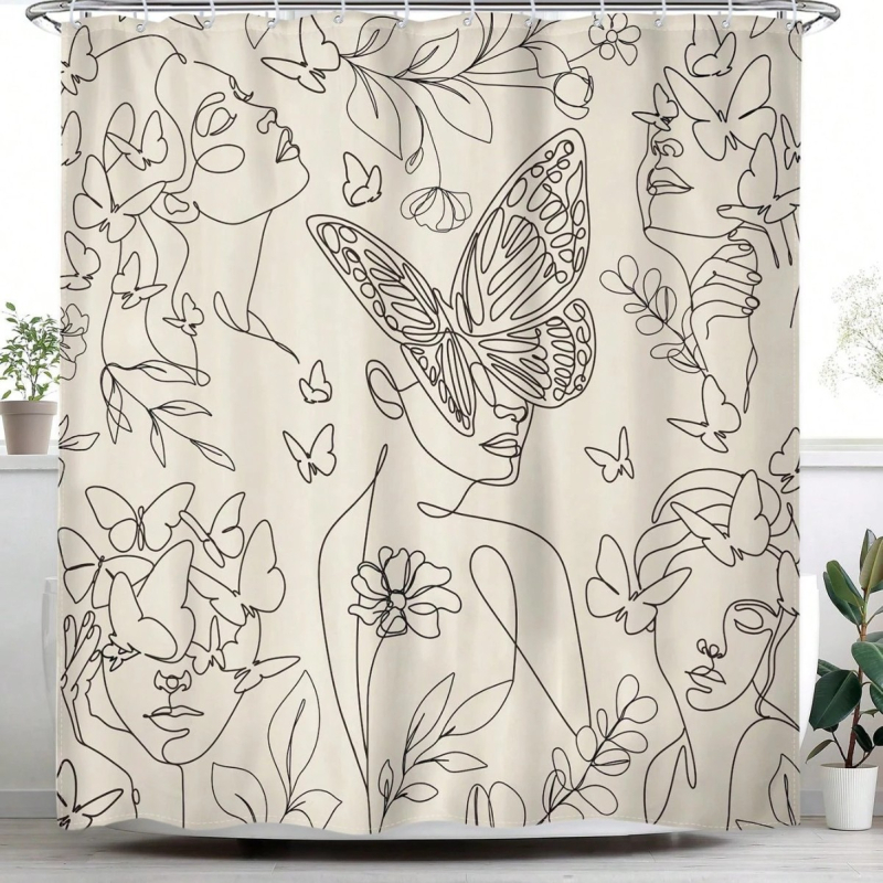 Zuhanyfüggöny absztrakt vonalas arccal és pillangóval - digitális nyomtatás, vízálló poliészter, testreszabható minták, testreszabás elérhető, modern minimalista stílus