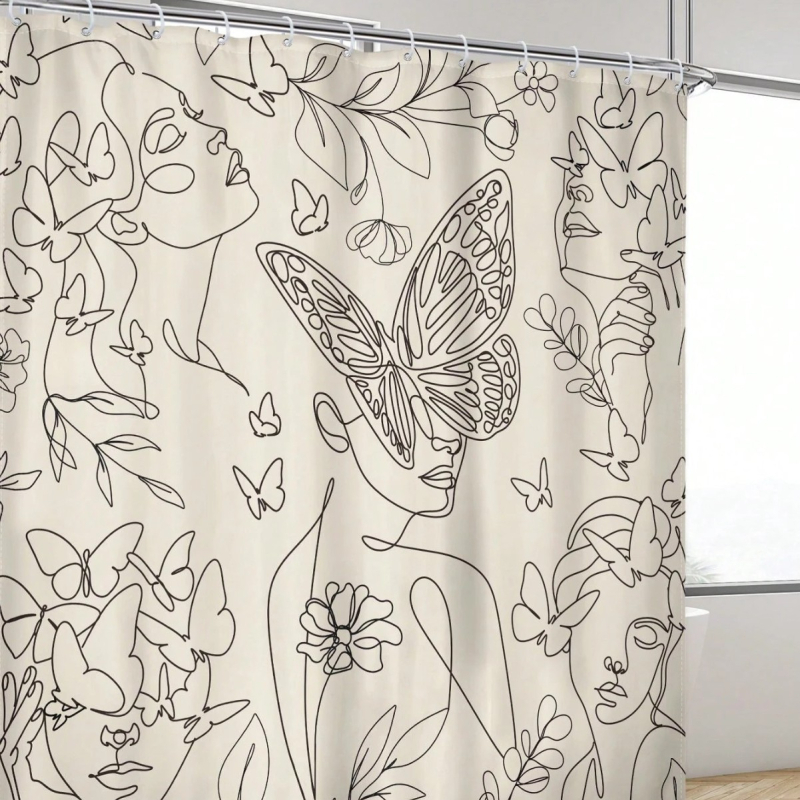 Zuhanyfüggöny absztrakt vonalas arccal és pillangóval - digitális nyomtatás, vízálló poliészter, testreszabható minták, testreszabás elérhető, modern minimalista stílus