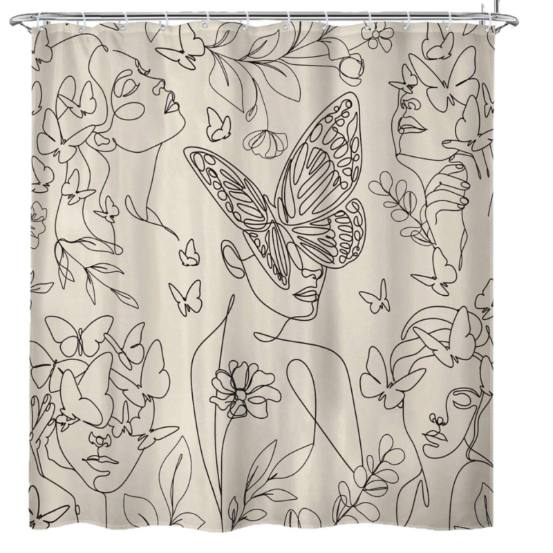 Zuhanyfüggöny absztrakt vonalas arccal és pillangóval - digitális nyomtatás, vízálló poliészter, testreszabható minták, testreszabás elérhető, modern minimalista stílus