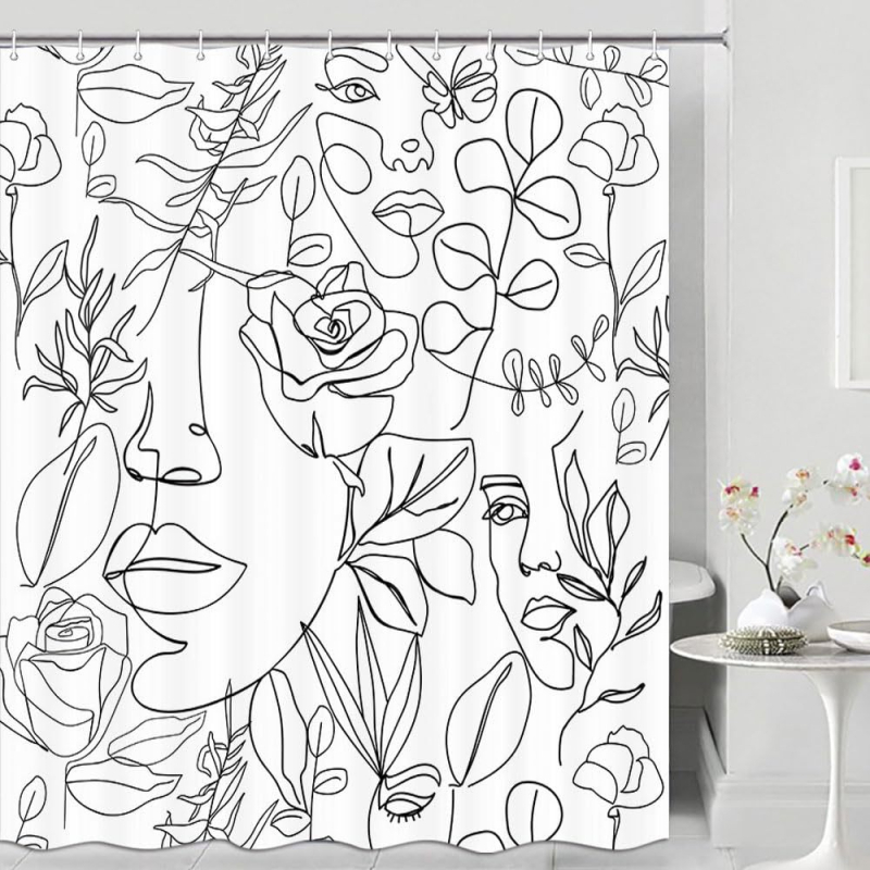 Zuhanyfüggöny absztrakt vonalas arccal és pillangóval - digitális nyomtatás, vízálló poliészter, testreszabható minták, testreszabás elérhető, modern minimalista stílus