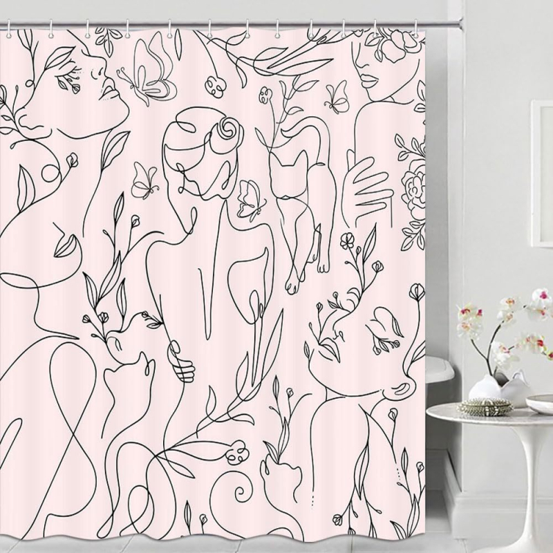 Zuhanyfüggöny absztrakt vonalas arccal és pillangóval - digitális nyomtatás, vízálló poliészter, testreszabható minták, testreszabás elérhető, modern minimalista stílus