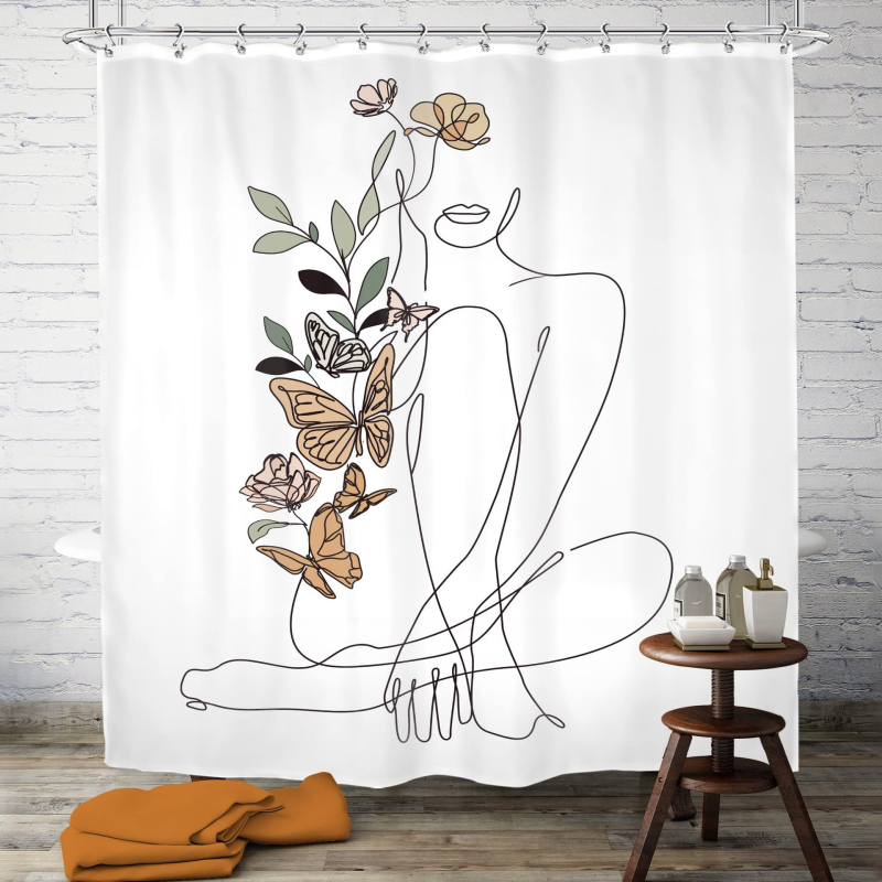 Zuhanyfüggöny absztrakt vonalas arccal és pillangóval - digitális nyomtatás, vízálló poliészter, testreszabható minták, testreszabás elérhető, modern minimalista stílus