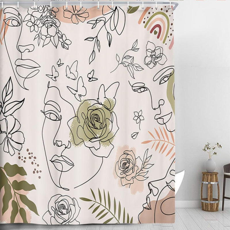 Zuhanyfüggöny absztrakt vonalas arccal és pillangóval - digitális nyomtatás, vízálló poliészter, testreszabható minták, testreszabás elérhető, modern minimalista stílus