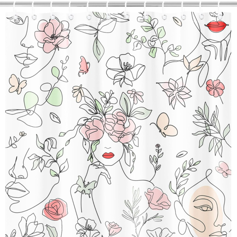 Zuhanyfüggöny absztrakt vonalas arccal és pillangóval - digitális nyomtatás, vízálló poliészter, testreszabható minták, testreszabás elérhető, modern minimalista stílus