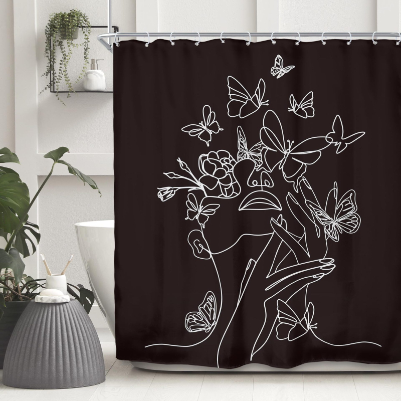 Zuhanyfüggöny absztrakt vonalas arccal és pillangóval - digitális nyomtatás, vízálló poliészter, testreszabható minták, testreszabás elérhető, modern minimalista stílus