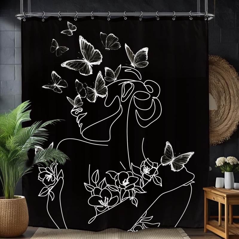Zuhanyfüggöny absztrakt vonalas arccal és pillangóval - digitális nyomtatás, vízálló poliészter, testreszabható minták, testreszabás elérhető, modern minimalista stílus