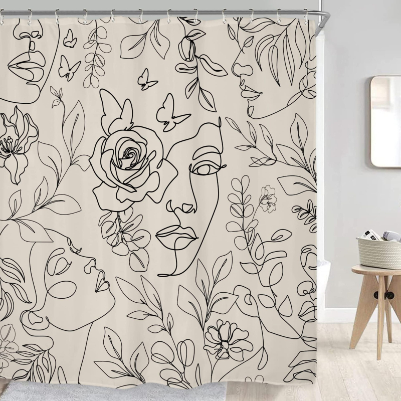 Zuhanyfüggöny absztrakt vonalas arccal és pillangóval - digitális nyomtatás, vízálló poliészter, testreszabható minták, testreszabás elérhető, modern minimalista stílus