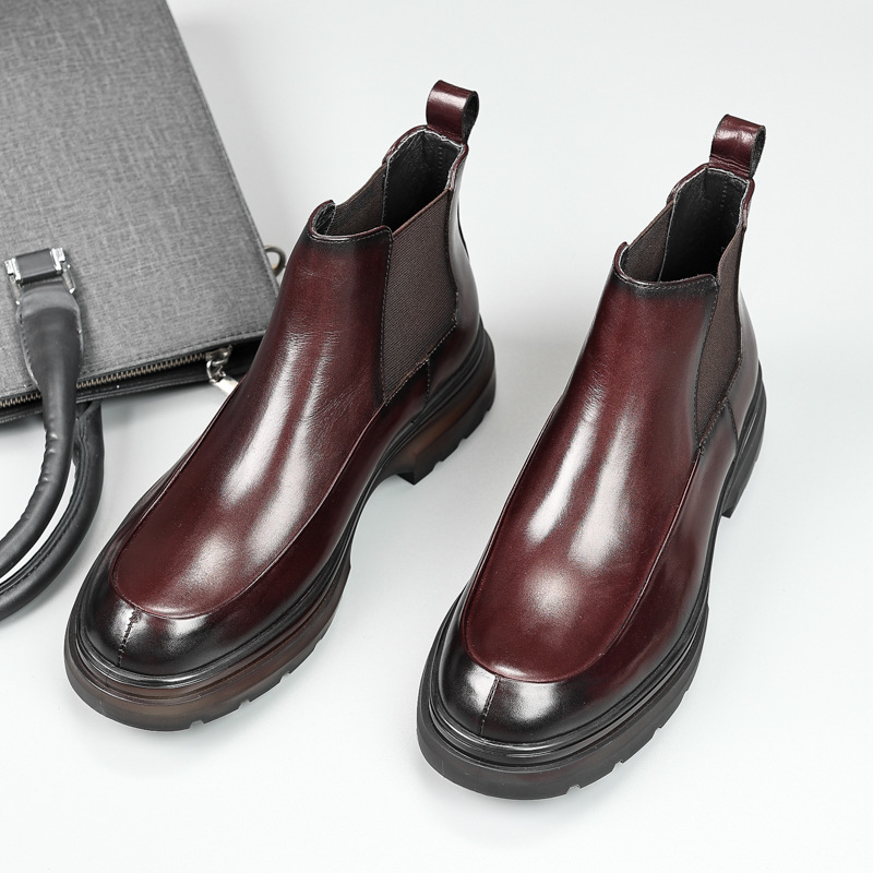 Ανδρικά ρετρό μποτάκια Τσέλσι, δέρμα αγελάδας, στρογγυλή μύτη, ψηλό πάνω μέρος, εμπνευσμένα από το στυλ Martin