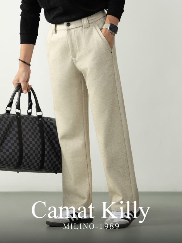 Pantaloni de costum pentru bărbați, croială dreaptă, țesătură groasă de iarnă, rezistenți la cute, cu curea