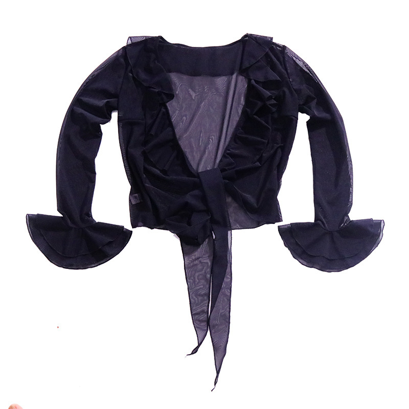 Flamenco felső trombitás ujjakkal, water gauze anyagból, szintetikus rostok keveréke spandexszel 30% alatt, belly dance-hez