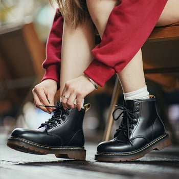 Mr.A Bocanci din Piele, Înălțime Medie, Căldură de Iarnă, Partea superioară din două straturi de piele de vițel, Talpă PVC, Șiret în Față