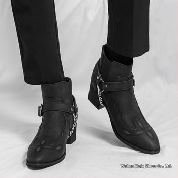 Ghete scurte pentru bărbați, talpă cu creștere a înălțimii, stil vestern cowboy, închidere cu cataramă, velur de bovine, talpă din cauciuc