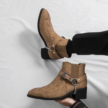 Ghete scurte pentru bărbați, talpă cu creștere a înălțimii, stil vestern cowboy, închidere cu cataramă, velur de bovine, talpă din cauciuc