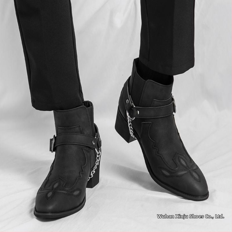 Ghete scurte pentru bărbați, talpă cu creștere a înălțimii, stil vestern cowboy, închidere cu cataramă, velur de bovine, talpă din cauciuc