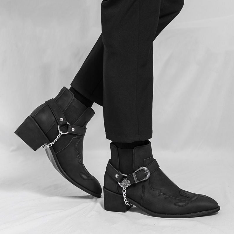 Ghete scurte pentru bărbați, talpă cu creștere a înălțimii, stil vestern cowboy, închidere cu cataramă, velur de bovine, talpă din cauciuc