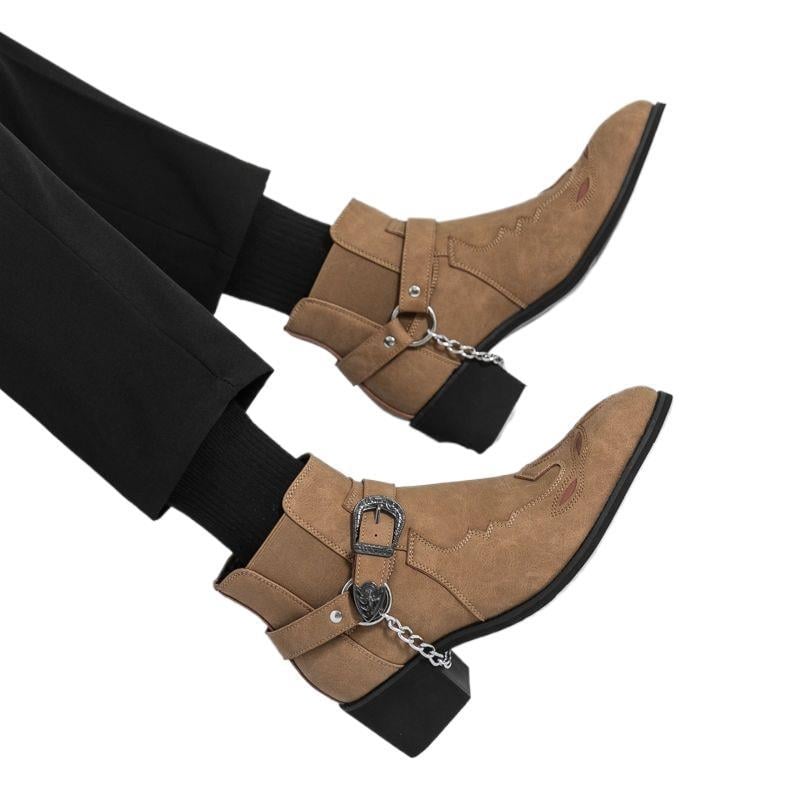 Ghete scurte pentru bărbați, talpă cu creștere a înălțimii, stil vestern cowboy, închidere cu cataramă, velur de bovine, talpă din cauciuc