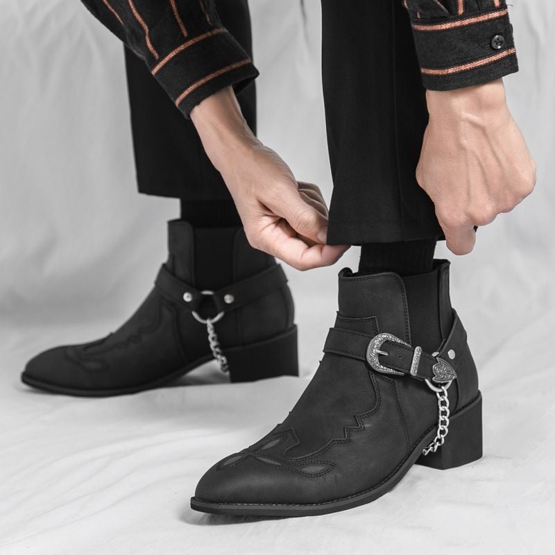 Ghete scurte pentru bărbați, talpă cu creștere a înălțimii, stil vestern cowboy, închidere cu cataramă, velur de bovine, talpă din cauciuc