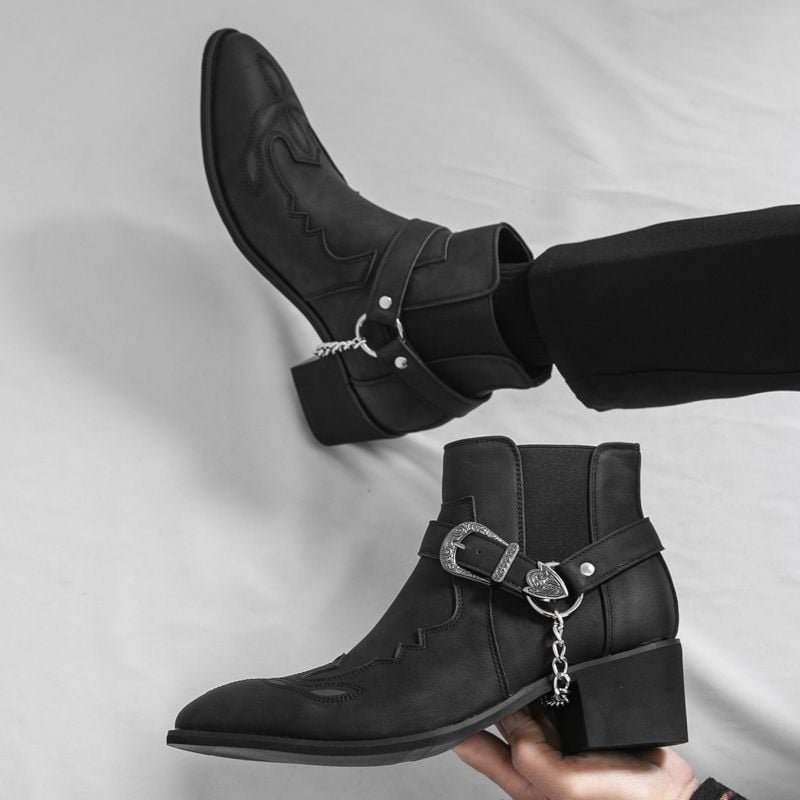 Ghete scurte pentru bărbați, talpă cu creștere a înălțimii, stil vestern cowboy, închidere cu cataramă, velur de bovine, talpă din cauciuc