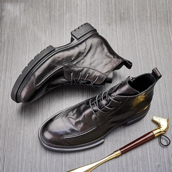 Valódi bőr férfi bakancs, brit stílusú magas felsővel, cipzárral, fleece bélelt téli bakancs, gumírozott talp, kerek orr