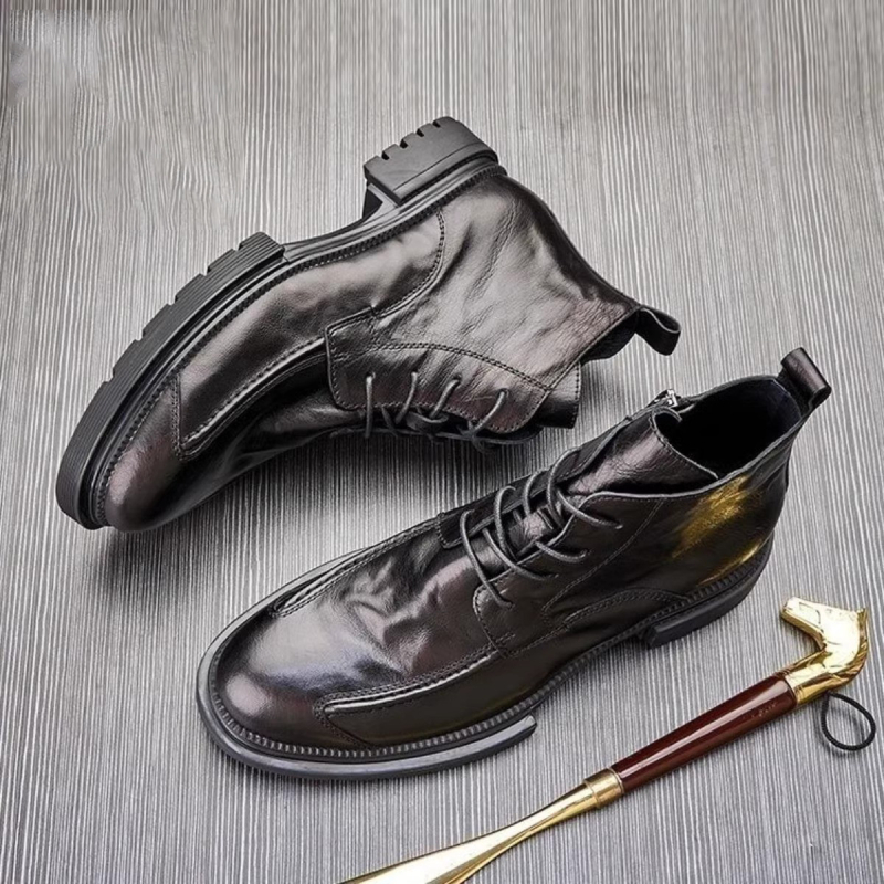 Valódi bőr férfi bakancs, brit stílusú magas felsővel, cipzárral, fleece bélelt téli bakancs, gumírozott talp, kerek orr