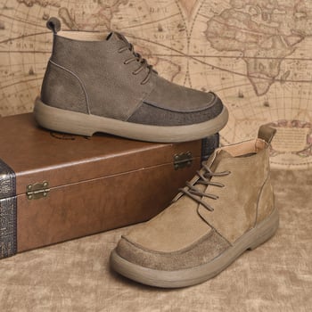 Ghete Martin pentru bărbați, înălțime medie, piele de vită prim-strat, vârf rotund, respirante, anti-derapante, toc 3-5 cm