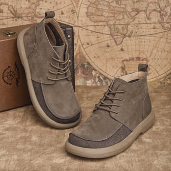 Ghete Martin pentru bărbați, înălțime medie, piele de vită prim-strat, vârf rotund, respirante, anti-derapante, toc 3-5 cm