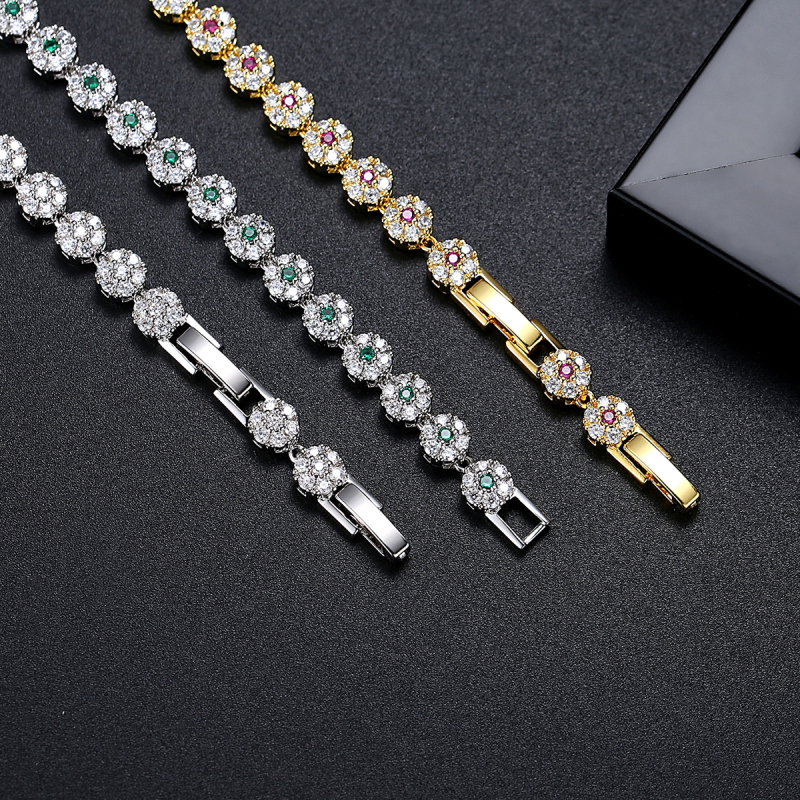 Női karkötő virágmotívummal, mikrobeült cirkóniákkal, teniszlánccal, dupla csattal