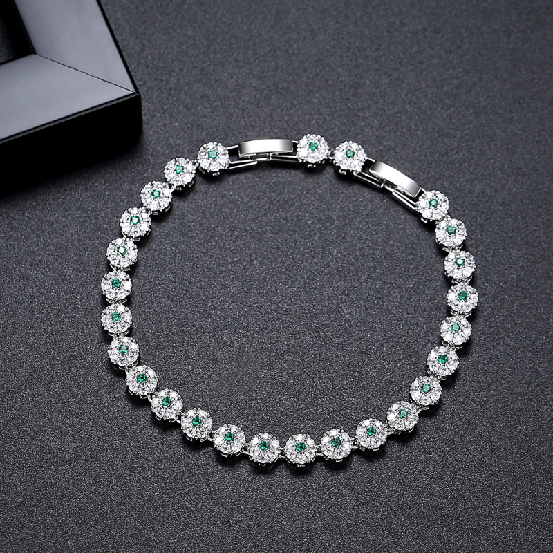 Női karkötő virágmotívummal, mikrobeült cirkóniákkal, teniszlánccal, dupla csattal